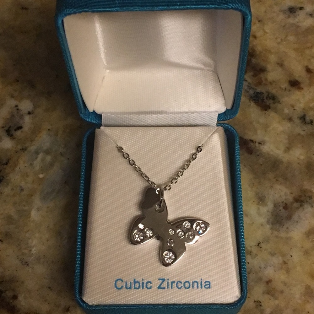 Silver Butterfly Necklace with Faux Crystals 🦋